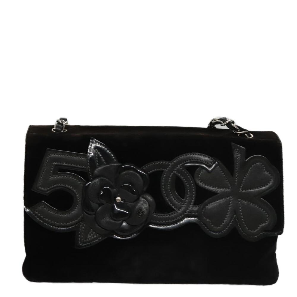 Chanel Leather Chain Camelia Shoulder Bag Velor Black